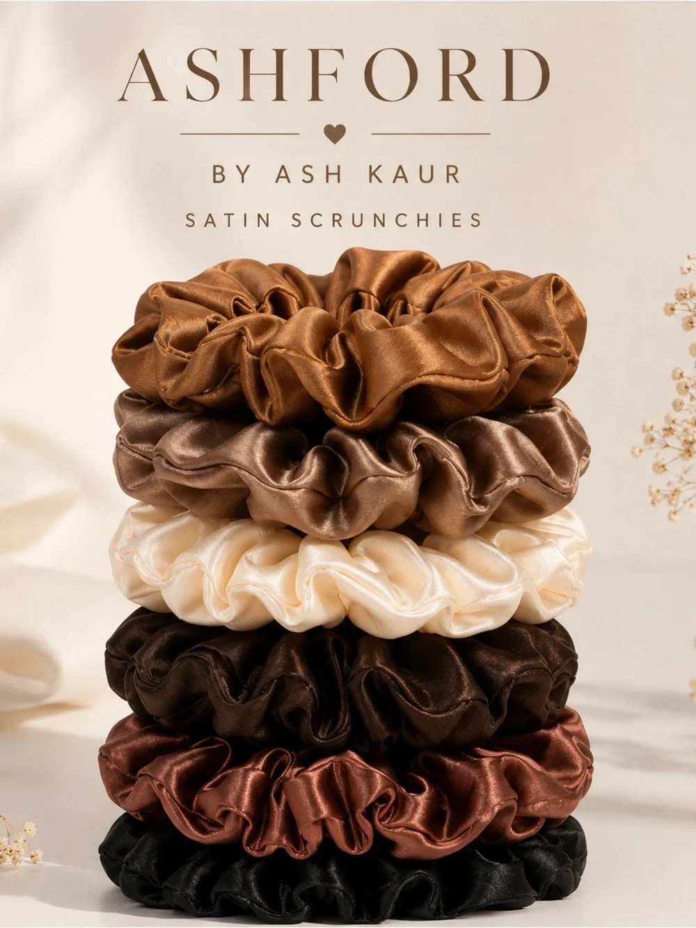 Ashford by Ash Kaur Satin Scrunchies Set of 6 | Neutral Colors | NWT